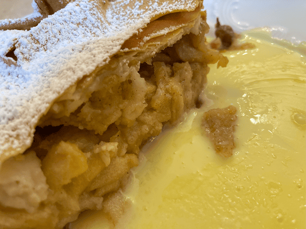 self guided tour: Apple strudel with vanilla sauce